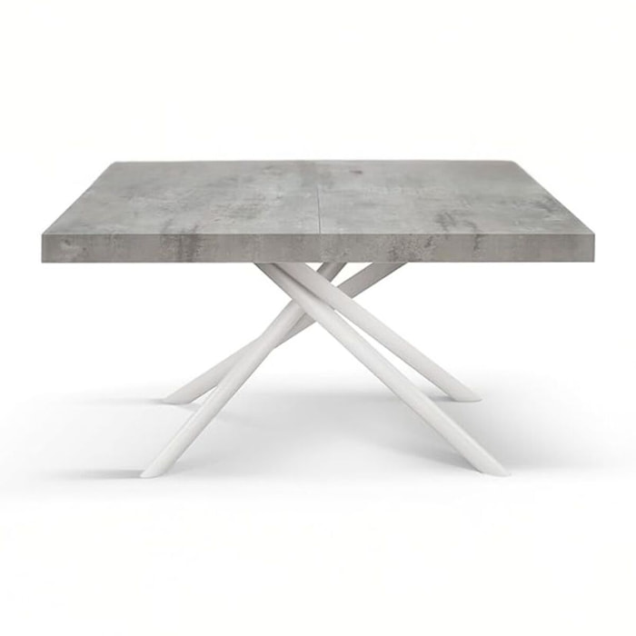 Tavolo CARRARA in legno, finitura grigio cemento e base in metallo verniciato bianco, allungabile 180×90 cm – 260×90 cm