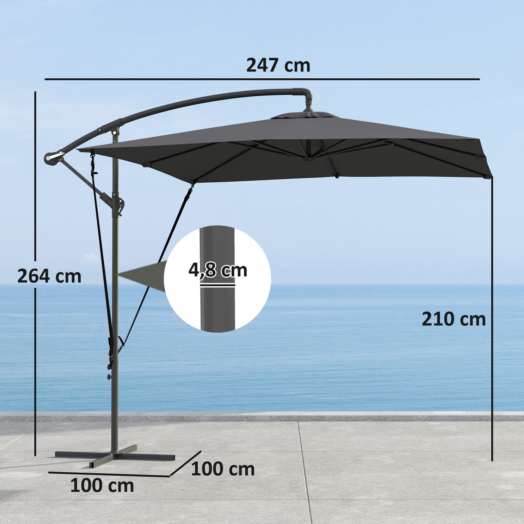Parasol Excéntrico 247x247 cm Sombrilla de Jardín con Base Cruzada Cubierta Ajustable Manivela Funda Protectora y Cuerda de Viento Anti-UV 50+ Sombrilla para Terraza Patio Gris Oscuro