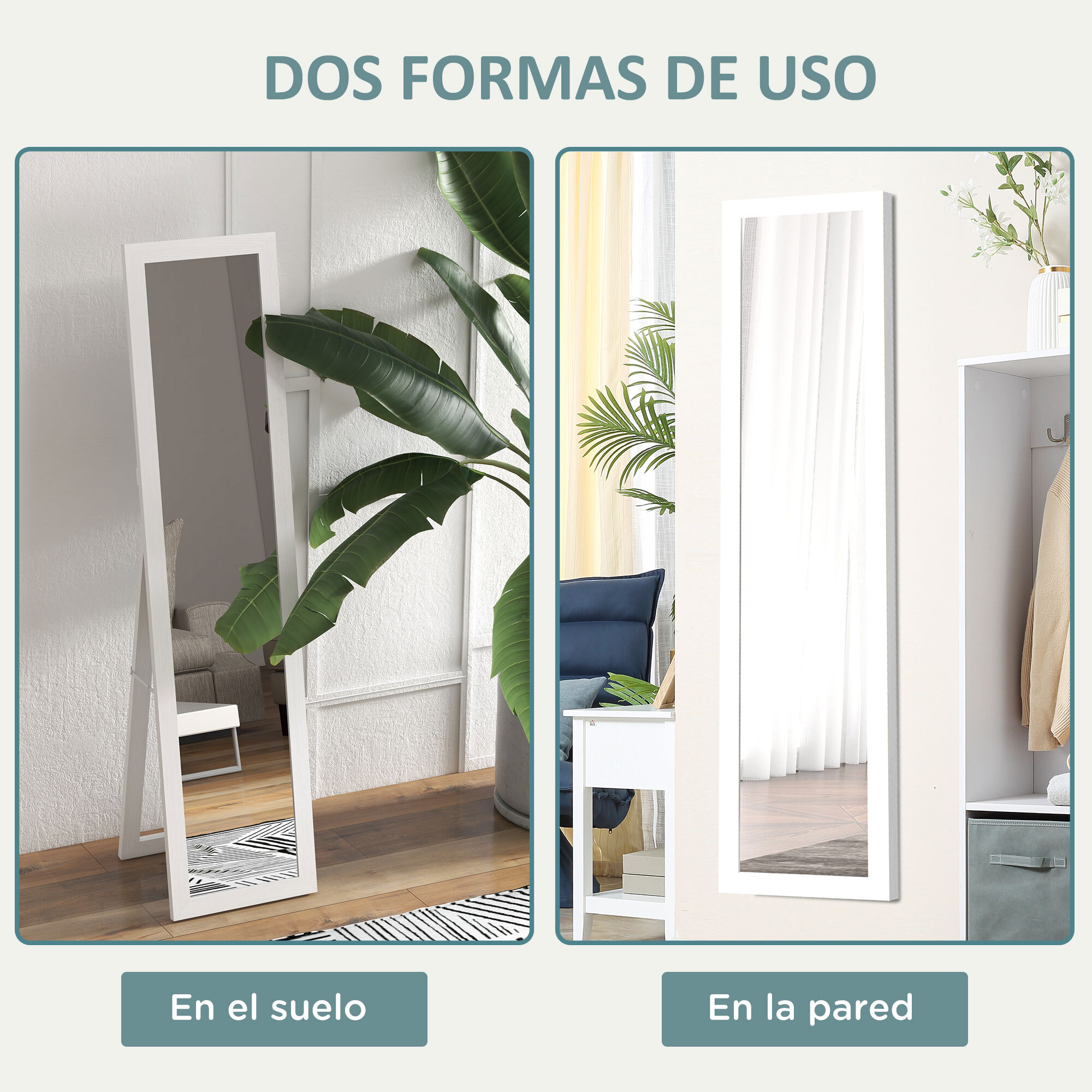 Espejo de Cuerpo Entero 37x155 cm Espejo de Pie Espejo de Pared Forma Rectangular con Marco de Madera Decorativo para Salón Dormitorio Pasillo Blanco