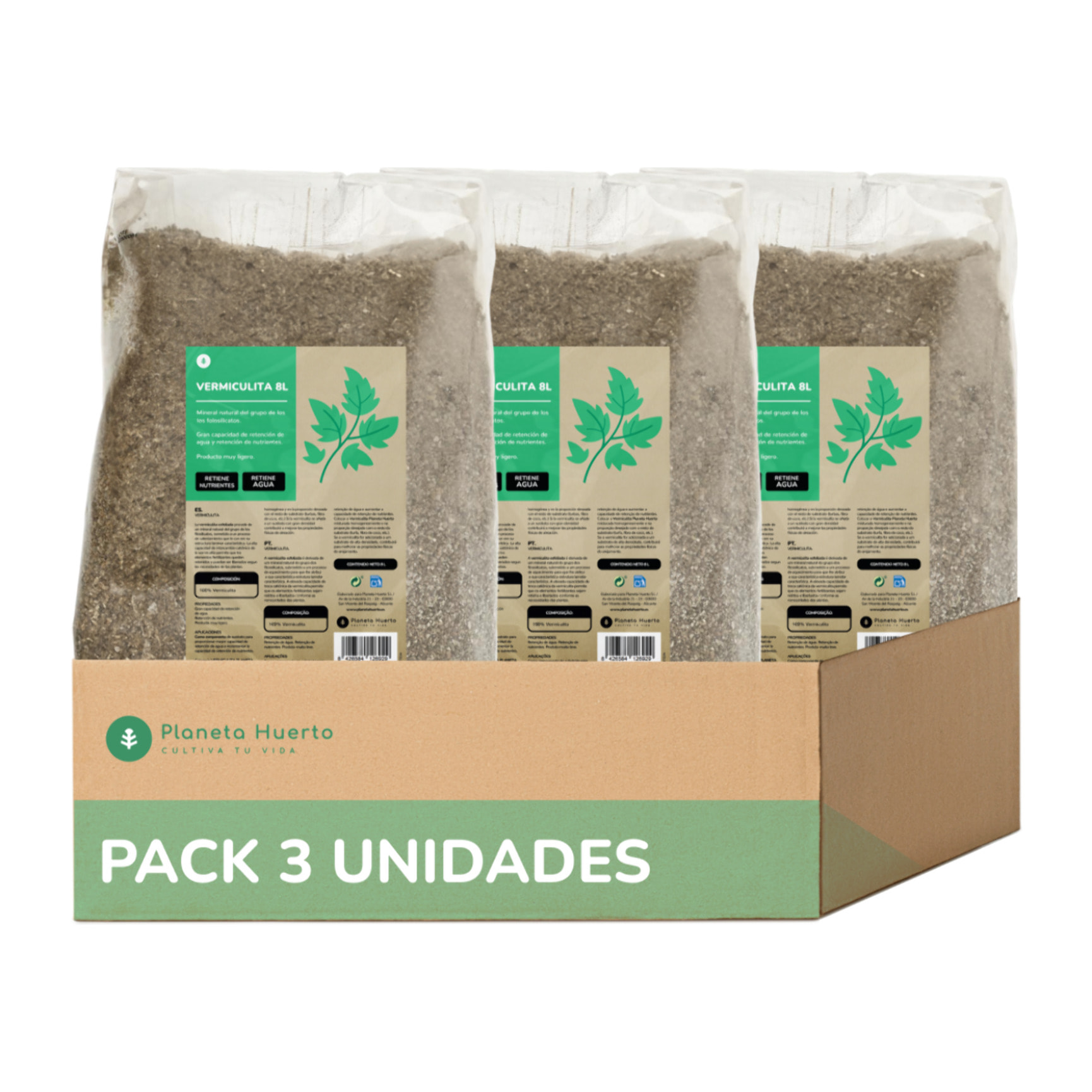 PLANETA HUERTO | Pack 2x Vermiculita Expandida Natural Planeta Huerto 16 Litros, Mejora la Retención de Agua y Nutrientes, Ligera y Ecológica - Vermiculita Ideal para Mezclas de Sustratos, Esquejes, Semilleros y Cultivos en Maceta
