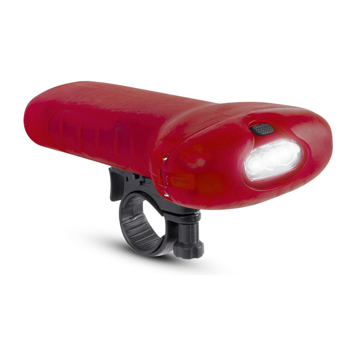 Torcia Moltar per manubrio di bicicletta, con 3 led e 2 posizioni di illuminazione. Modalità di utilizzo come luce anteriore con gomma regolabile.