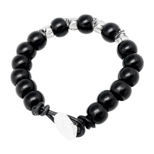 Pulsera Skull negra y cuero plata chapado