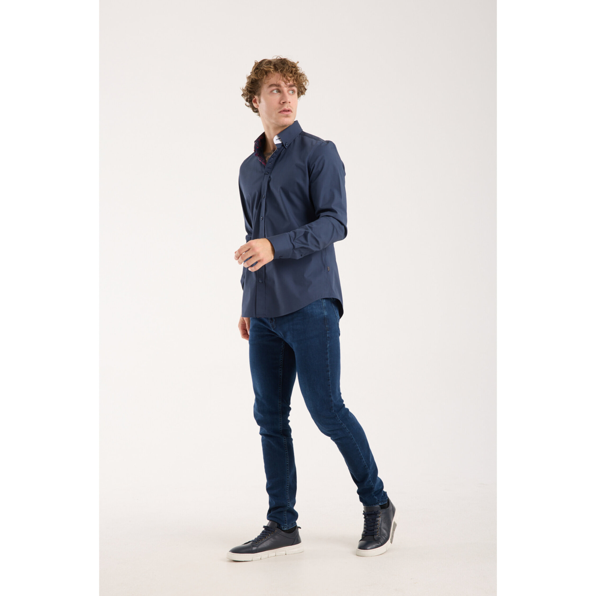Camicia Uomo 1 Bottoni Button Down Slim Popeline Stretch Unito Blu