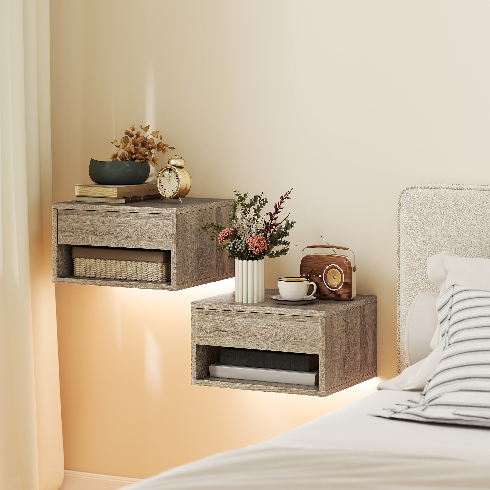 Juego de 2 Mesitas de Noche Flotantes con Luces LED RGB Control de APP, Mesillas de Noche Dormitorio con Cajón, Estante Abierto, para Sala de Estar, 37x32x21 cm, Natural