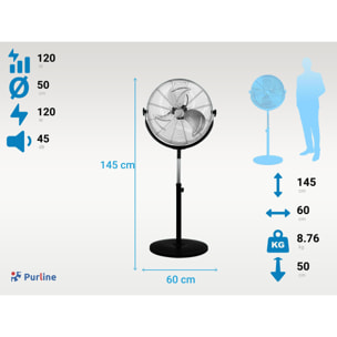 Ventilador industrial de pie en aluminio 120W con altura regulable VENTY IND 120F PURLINE