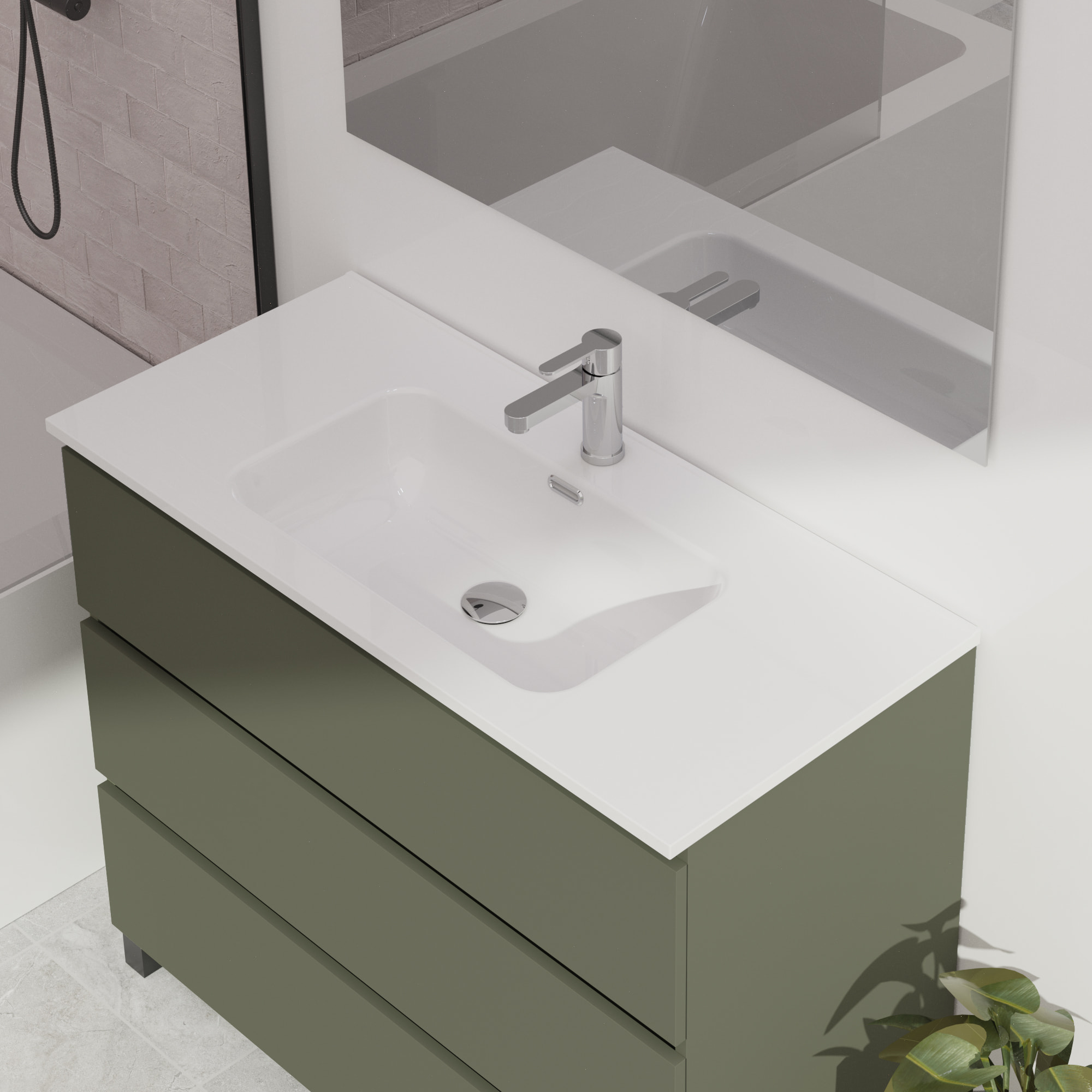Conjunto de baño Wink | 100 cm Verde Musgo | Tres cajones | Lavabo encastrado | No incluye espejo | Mueble montado | Alday