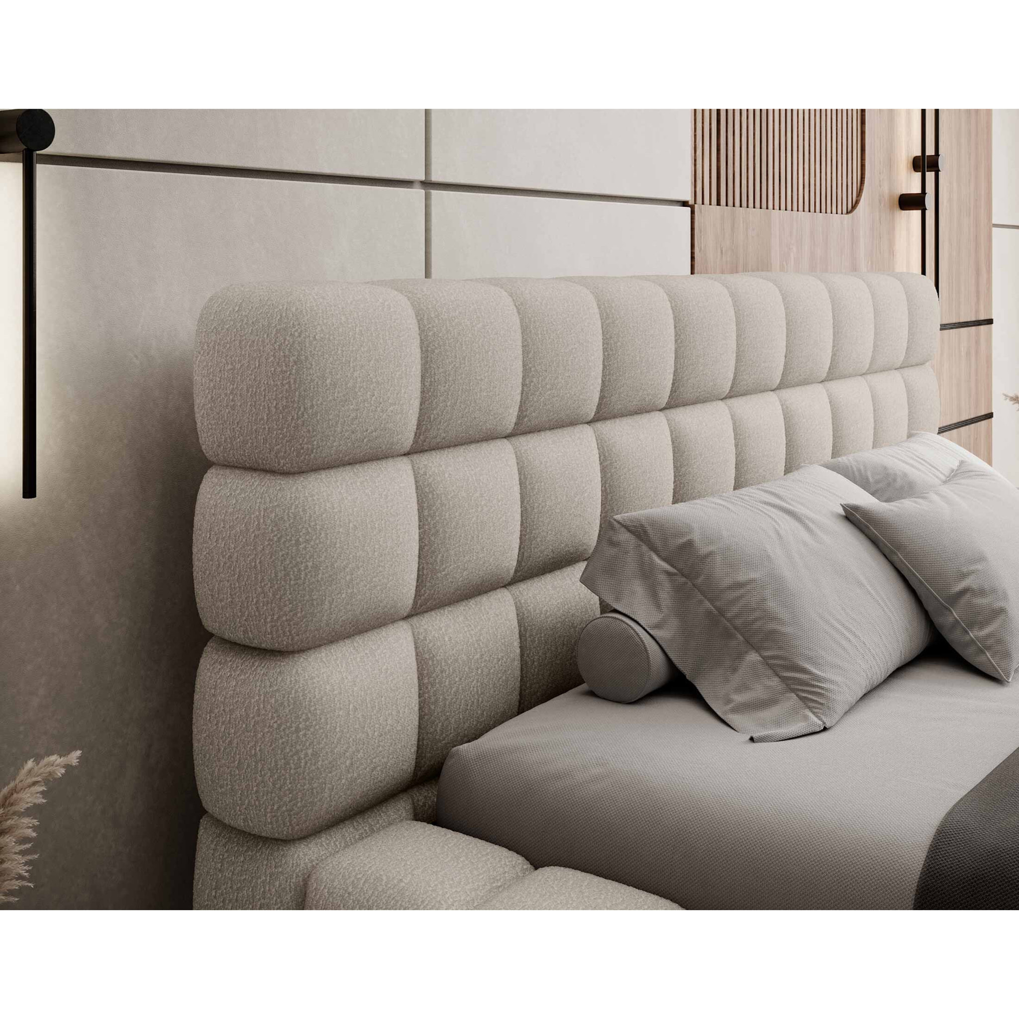 Kingston - lit coffre - 180x200 - sommier inclus - en tissu bouclette - Beige
