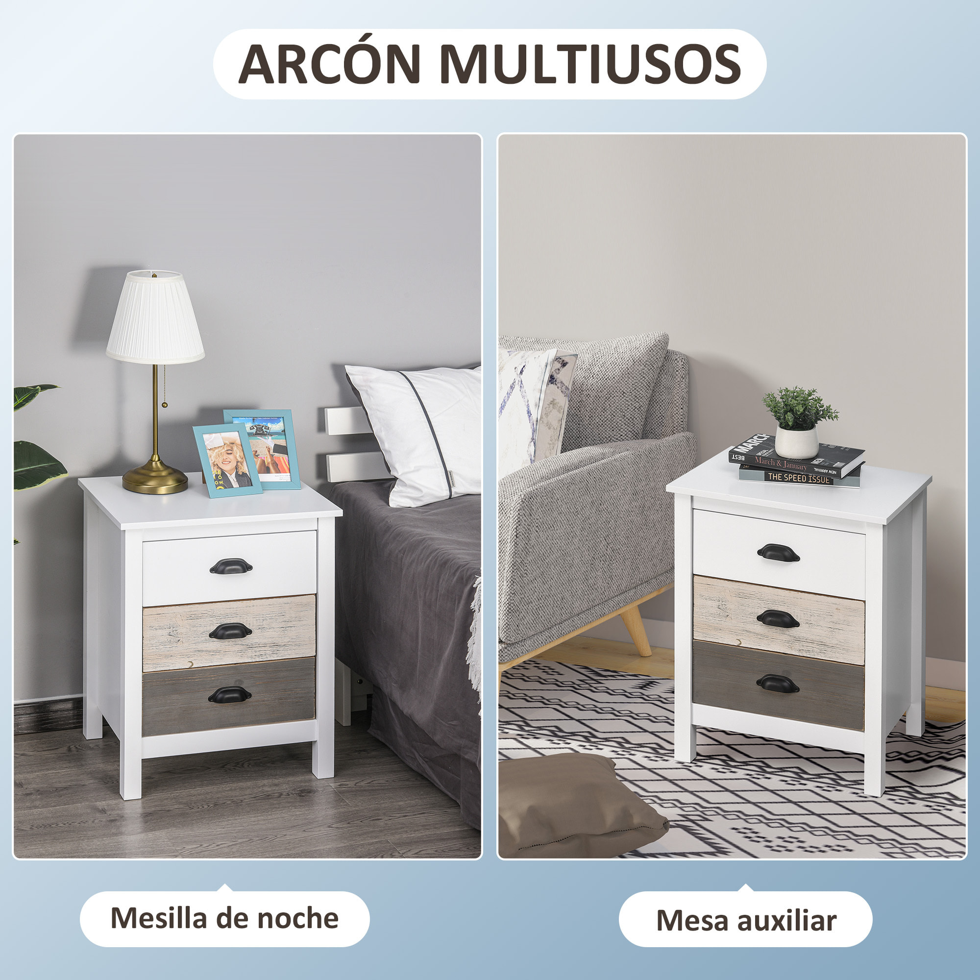 Mesita de Noche Moderna Mesilla de Noche con 3 Cajones Mesa de Noche para Dormitorio Salón 50x38x65 cm Blanco