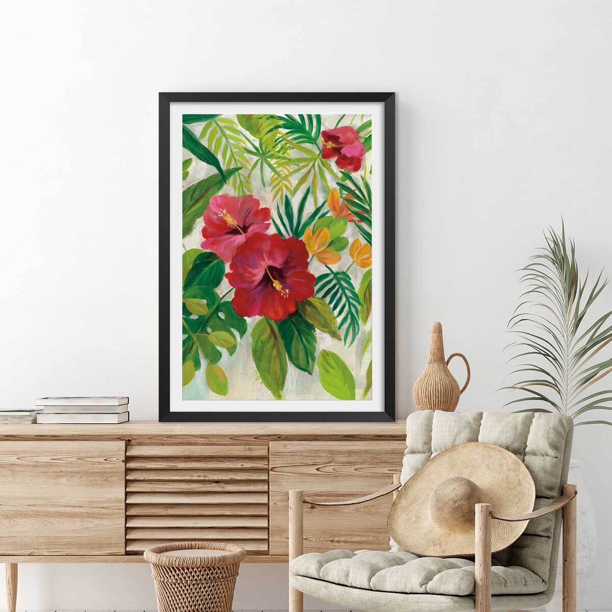 Poster Hibiscus des tropiques Affiche + cadre en bois - Noir
