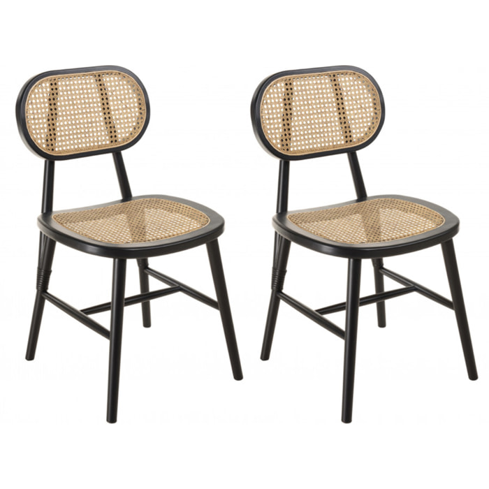 PIERRE - Lot de 2 chaises bois noir, assise et dossier en rotin naturel