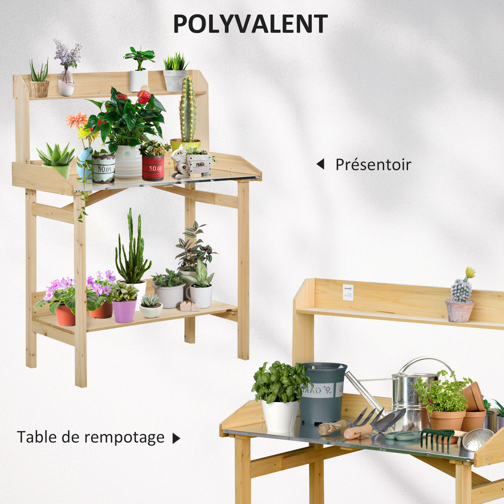 Table de rempotage jardinage - 2 étagères plateau tôle acier galvanisé avec rebord - bois sapin pré-huilé