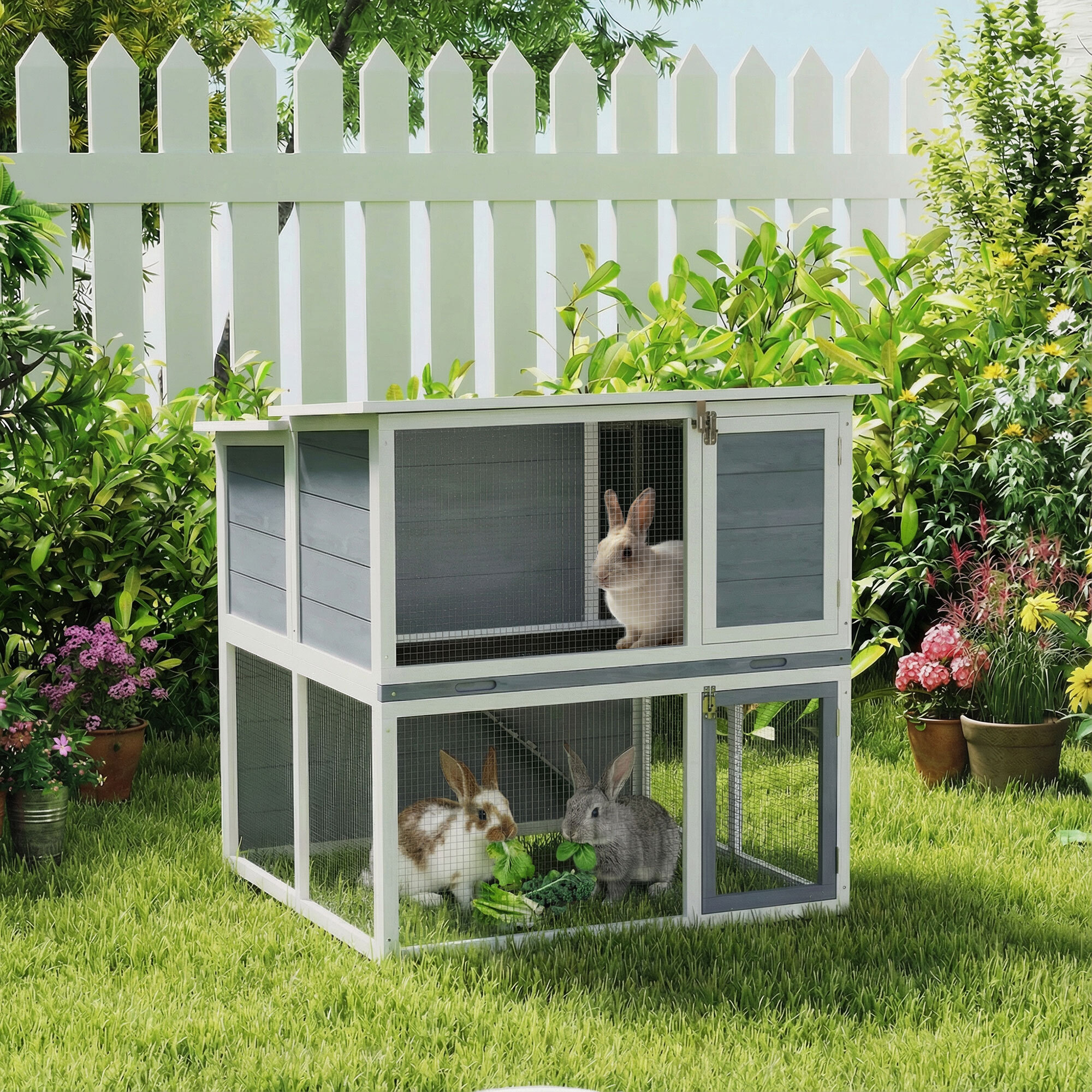 Clapier lapin extérieur 2 étages toit double ouverture bois gris