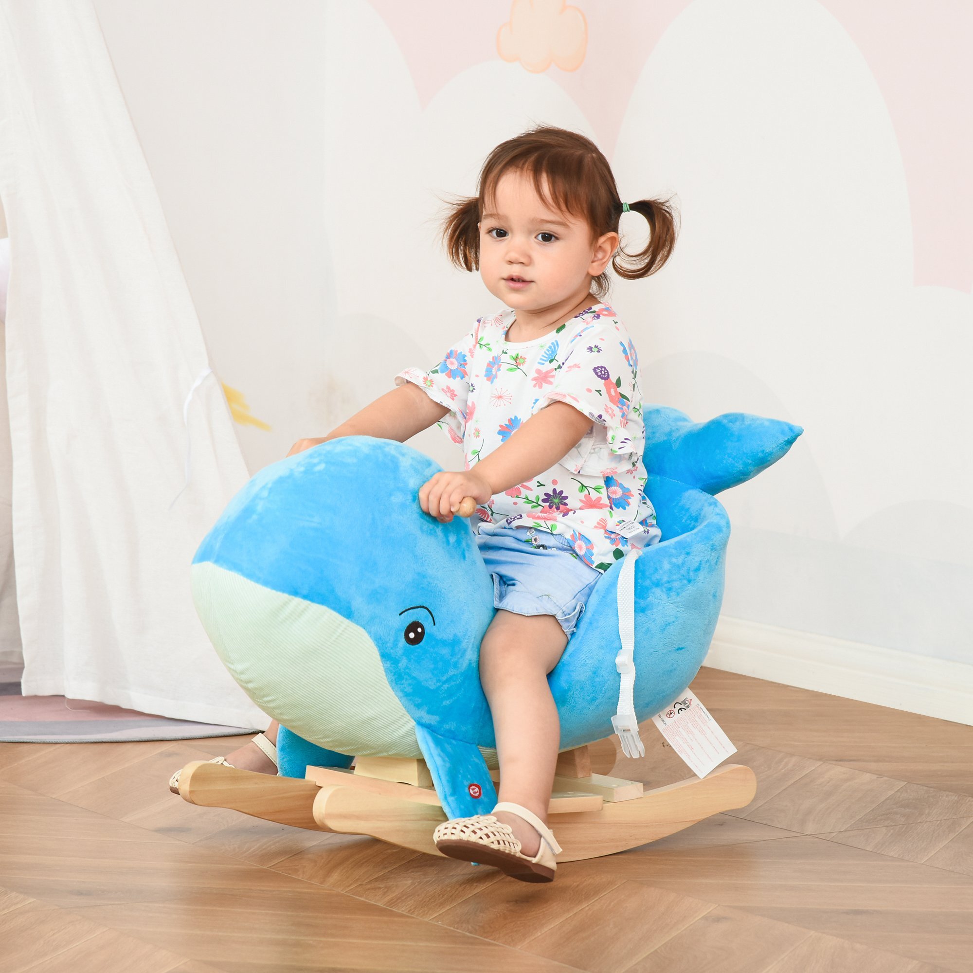 Caballo Balancín para Niños de 18-36 Mesas Forma Ballena Caballo de Juguete con Sonido Asas Cinturón de Seguridad y Base de Madera Carga 45 kg 60x33x50 cm Azul