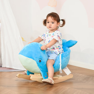 Caballo Balancín para Niños de 18-36 Mesas Forma Ballena Caballo de Juguete con Sonido Asas Cinturón de Seguridad y Base de Madera Carga 45 kg 60x33x50 cm Azul