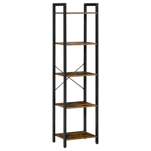 Étagère bibliothèque style industriel H154 cm 5 étagères acier noir panneaux particules aspect bois vieilli