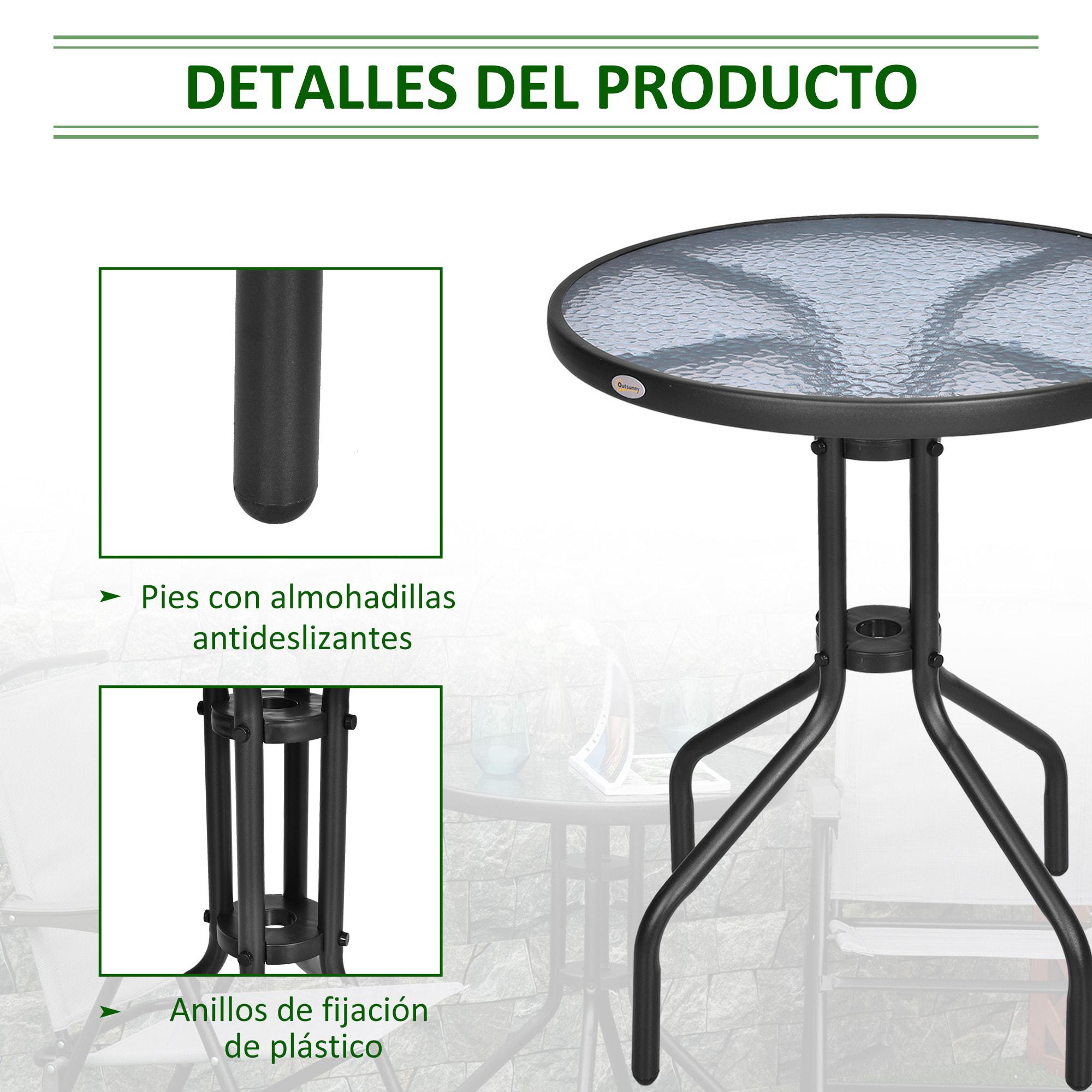 Mesa de Jardín Redonda Encimera de Vidrio Templado Marco de Metal Ø60x70cm Negro