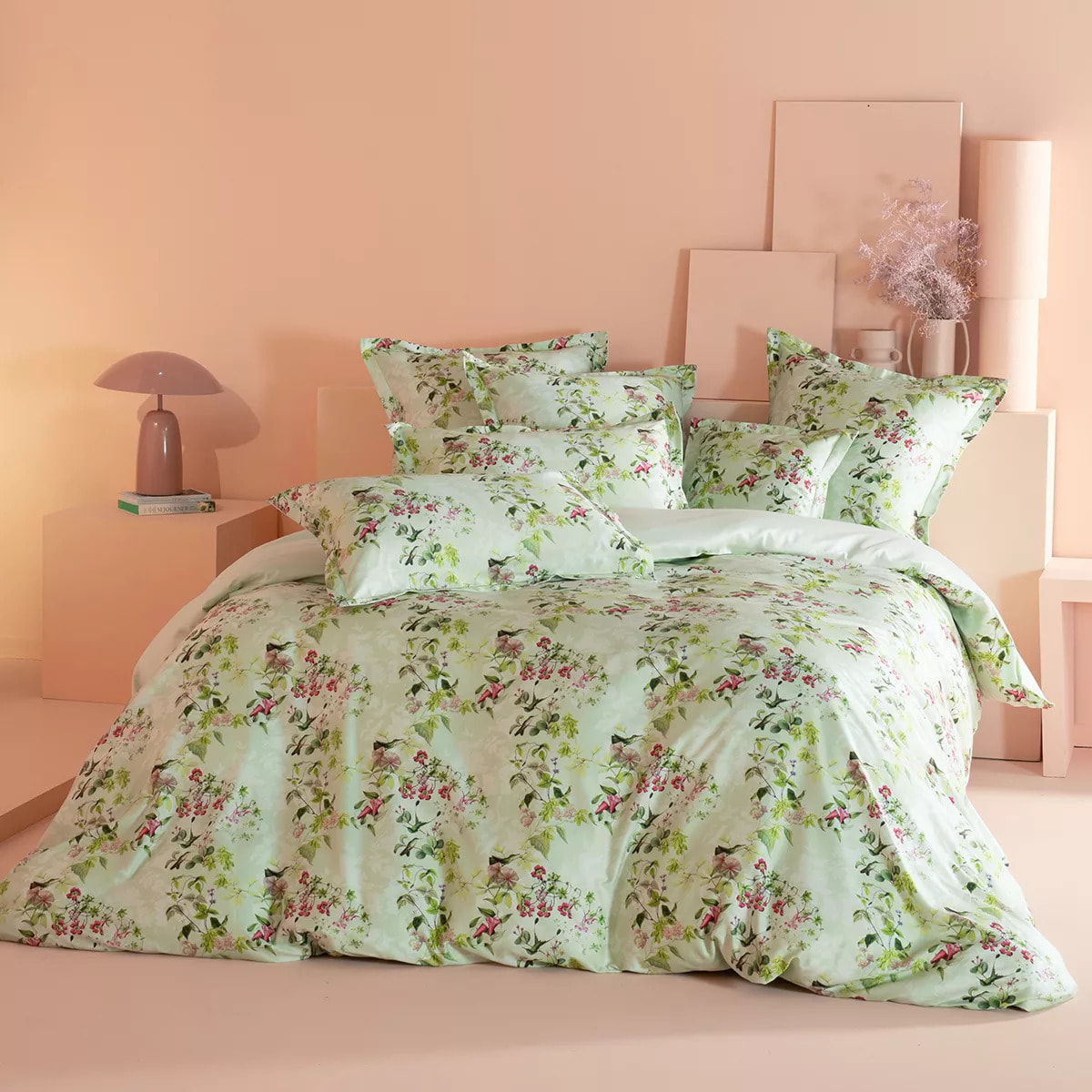 Housse de couette satin de coton imprimé multicolore vert Foliage vert d'eau