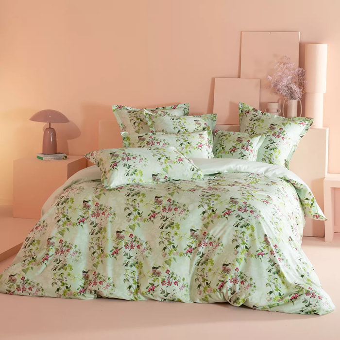Housse de couette satin de coton imprimé multicolore vert Foliage vert d'eau