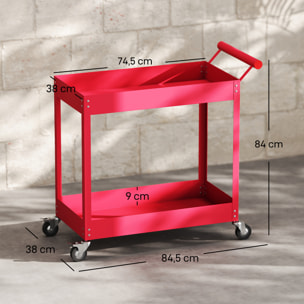 Chariot desserte d'atelier en acier 2 plateaux sur roulettes avec poignée - charge max. 150 kg - 84,5 x 38 x 84 cm rouge