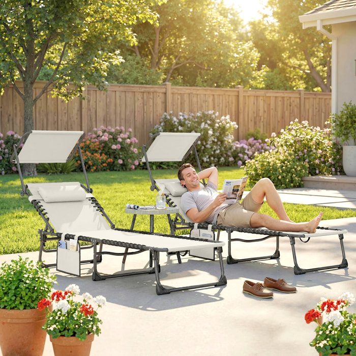 Set de 2 Tumbonas Jardín Exterior, Tumbonas Plegables con Reposacabezas, Parasol y Bolsillo Lateral, Respaldo Reclinable 5 Posiciones y Asiento Malla Transpirable para Playa, Piscina, Crema