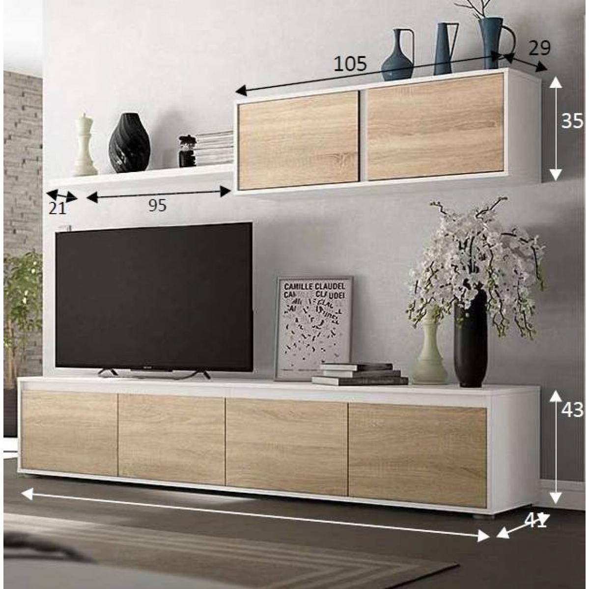 Parete attrezzata Savannah, Mobile da soggiorno porta TV, Composizione set salotto, Set salotto con pensile, cm 200x41h43, Bianco e Rovere