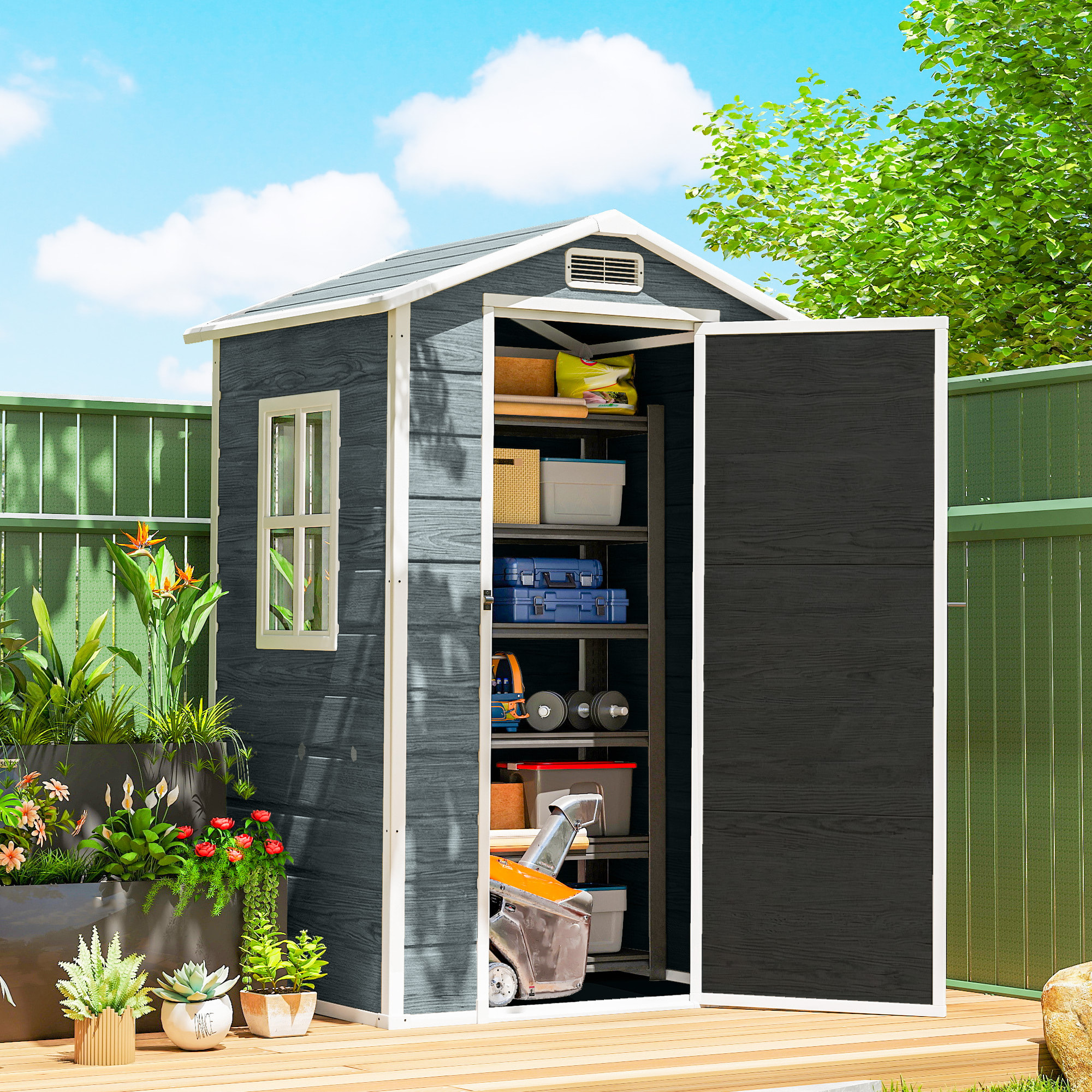 Abri de jardin 1,09 m² porte verrouillable plancher fenêtre aération résine PP effet bois gris blanc