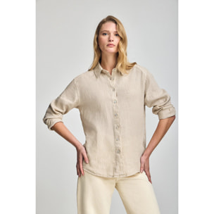 Camicia sabbia in lino tinta in capo con monogramma ricamato
