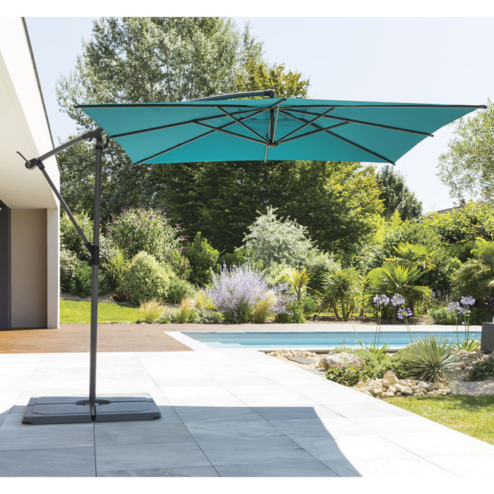 Parasol déporté carré "Manoa" bleu canard D2,5x2,5m en acier