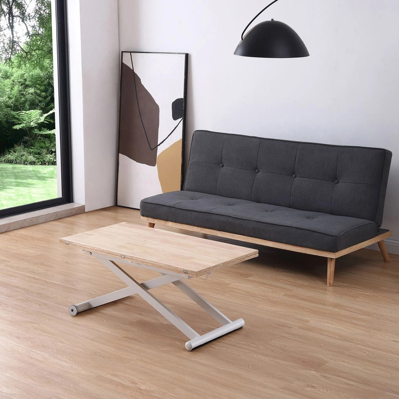 Mesa de centro elevable y extensible en blanco y roble 57-114x49-76 cm Katia Roble - Blanco
