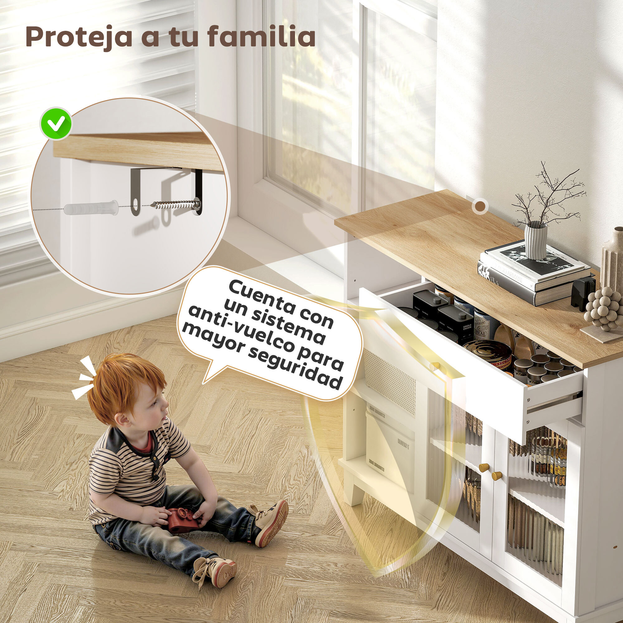 Aparador 2 Puertas de Vidrio Aparador para Salón Moderno con Cajón Compartimentos Abiertos y Estantes Ajustables para Comedor Entrada Blanco 100x35x80,3 cm