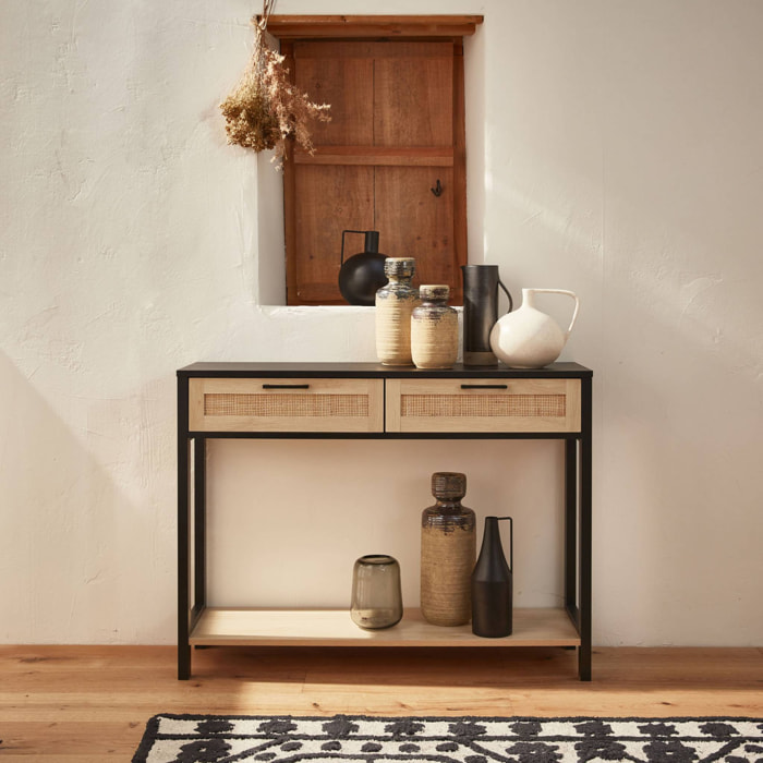 Console décor bois noir et cannage 100 x 30 x 75cm - Bianca - 2 tiroirs - 1 étagère