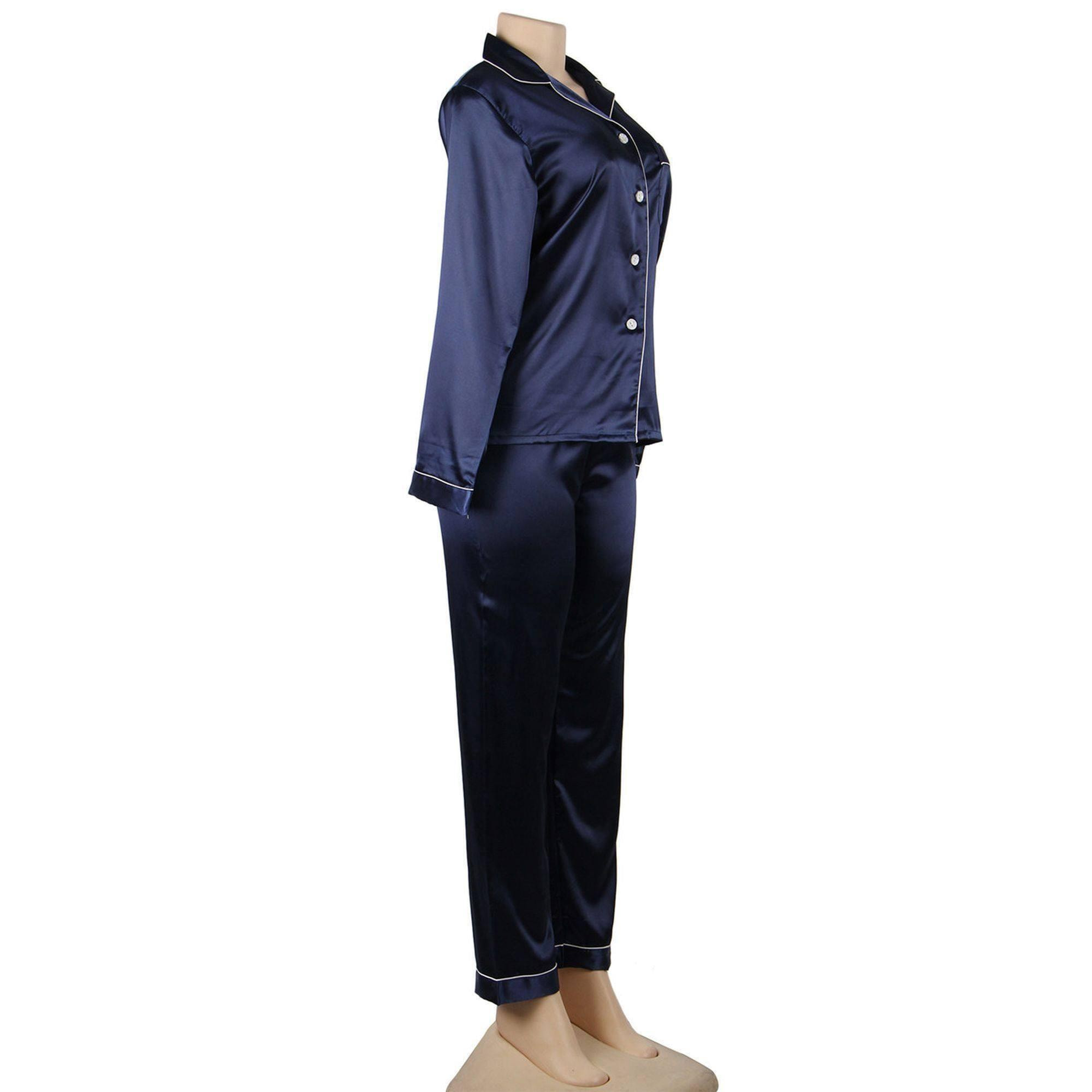 Conjunto de dos piezas ropa de dormir de seda clásica de manga larga azul