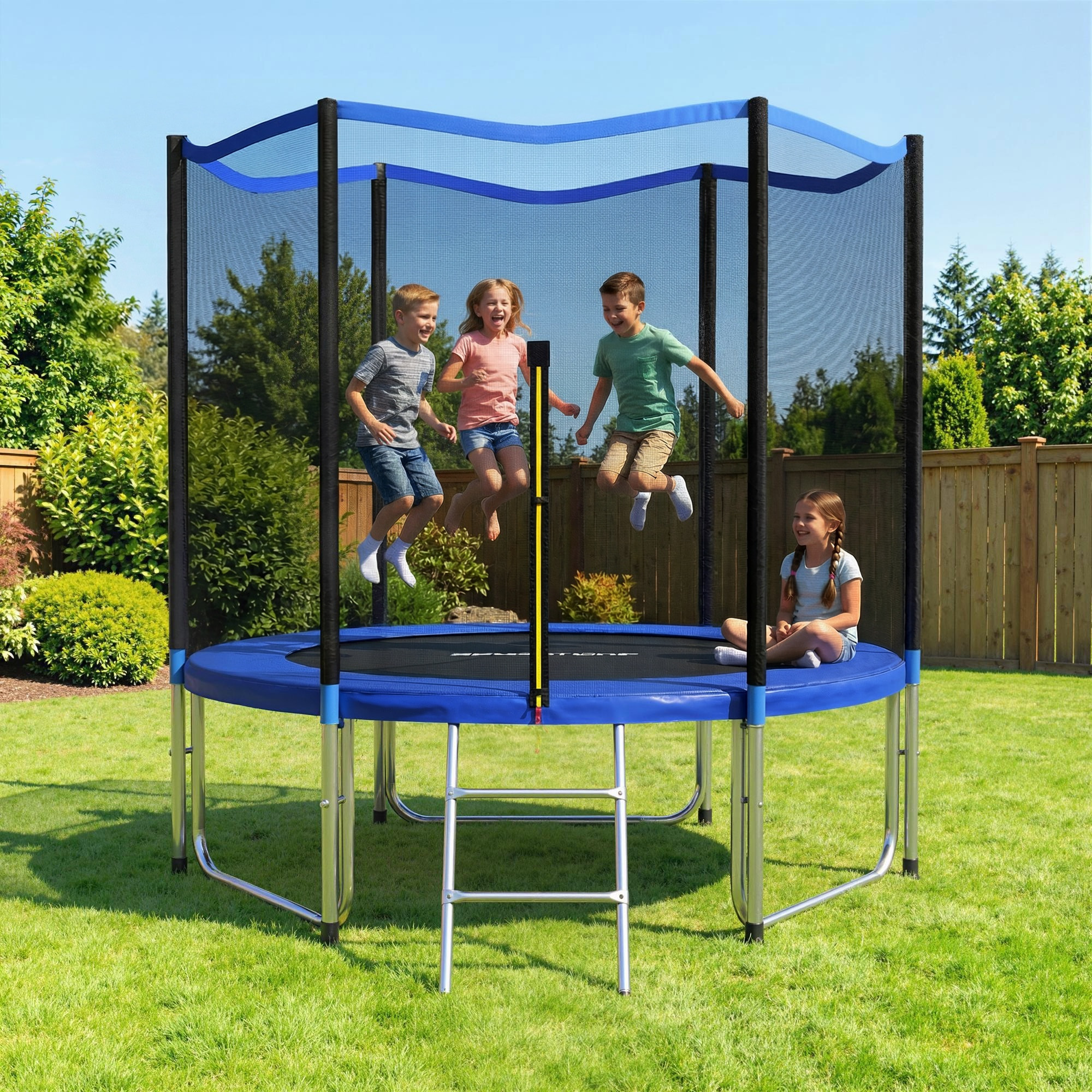 Cama Elástica para Niños Exterior Ø305 cm, Trampolín para Niños de +6 Años con Red de Seguridad, Escalera, Acolchado de Muelles y Marco de Acero Galvanizado, Carga 120 kg