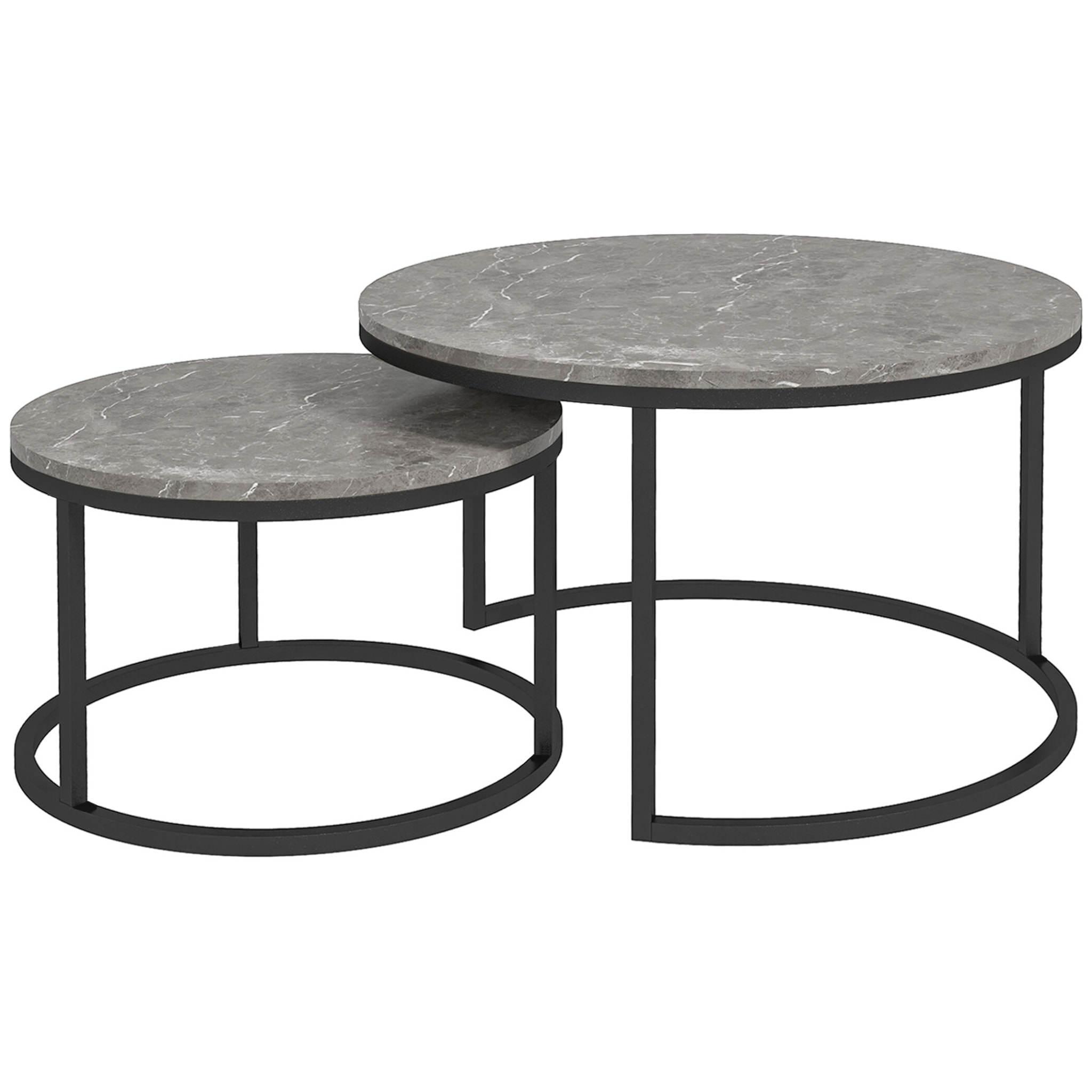 Lot de 2 tables basses rondes gigogne empilables piètement acier noir plateau aspect marbre gris