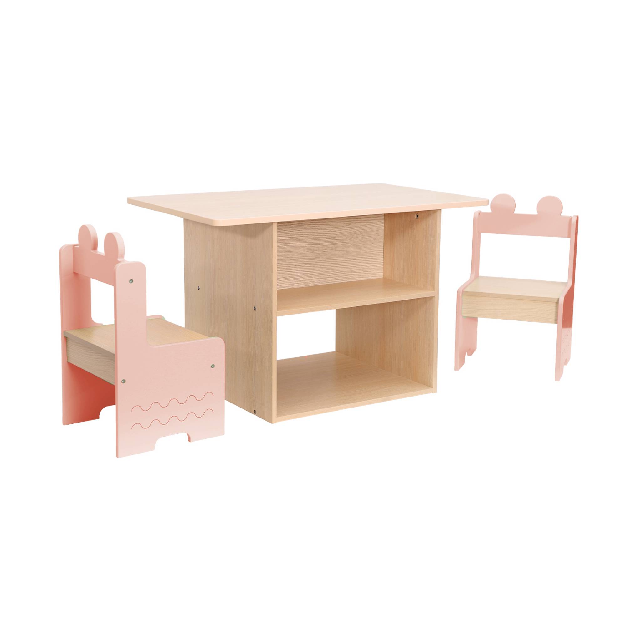 Table enfant + 2 chaises. avec étagères. rose