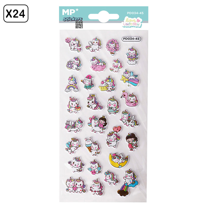 PACK 24 Uds. ADESIVI STICKERS RILIEVO DESIGN UNICORNO