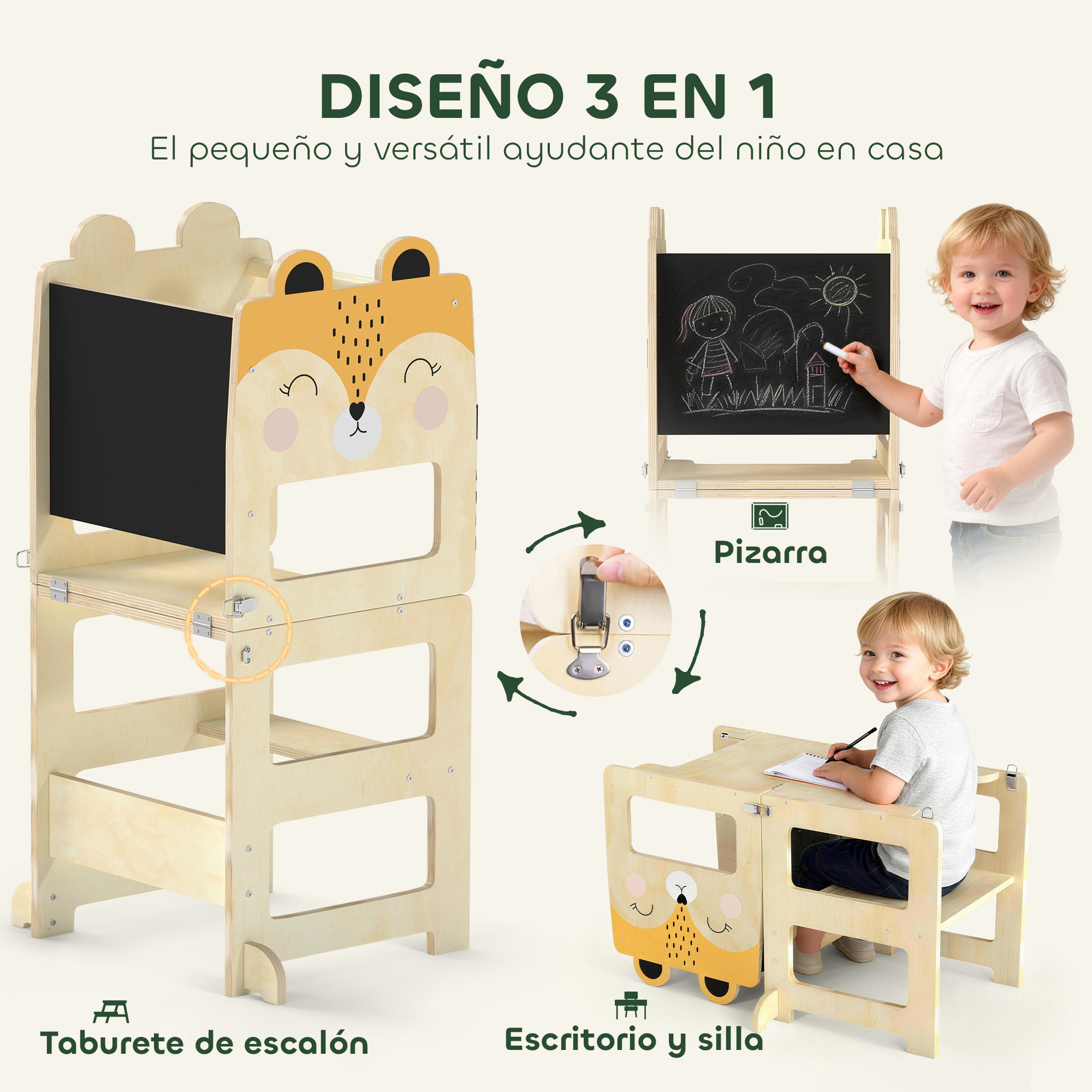 Torre de Aprendizaje 3 en 1 Plegable, Convertible en Escritorio y Silla, Taburete de Aprendizaje para Niños de 2-5 Años con Pizarra, Dibujos de Zorros, para Baño, Cocina, Natural