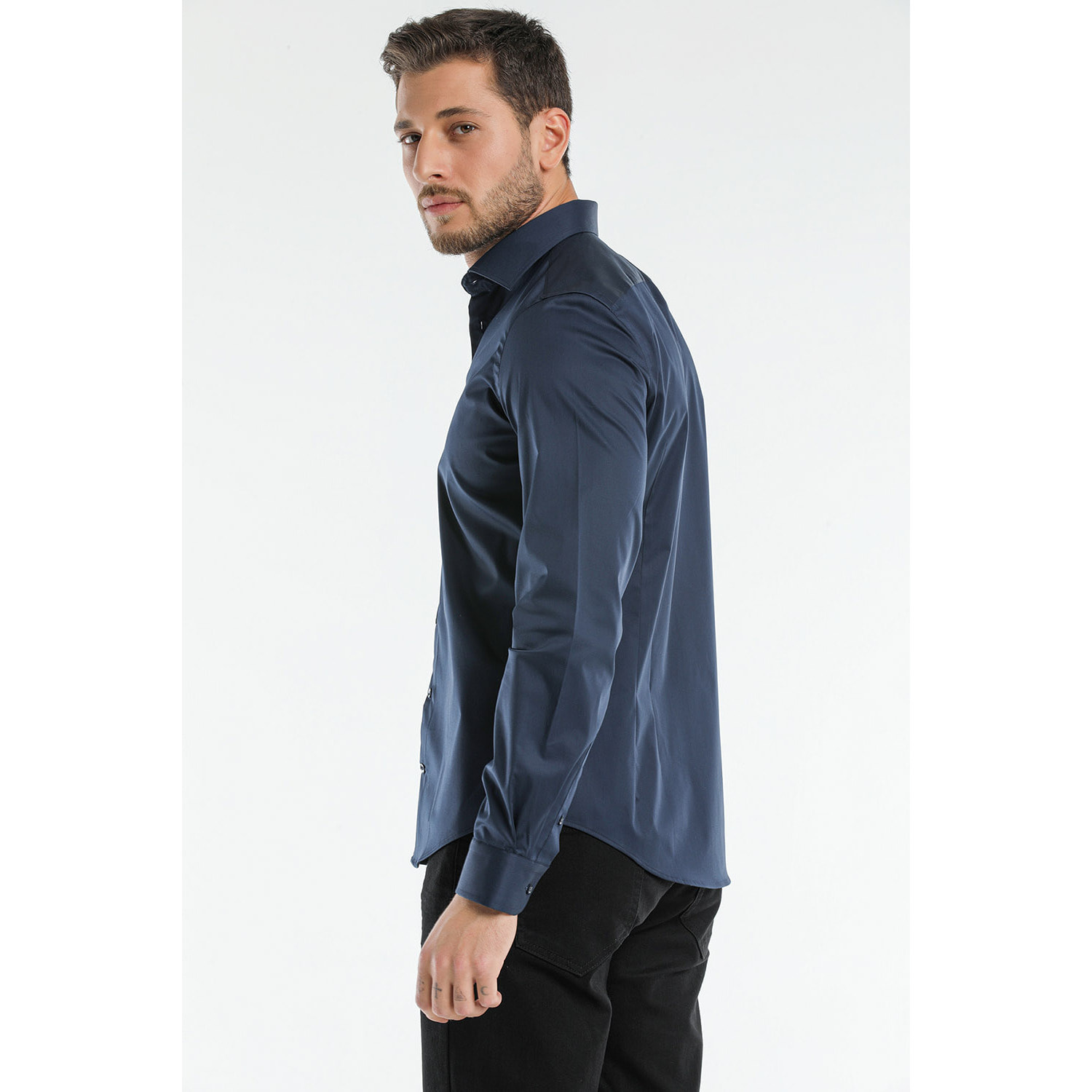 Camicia Uomo 1 Bottone Francese Slim Satin Unito Blu