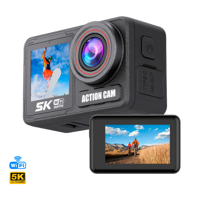 Cámara deportiva WIFI M90TR doble pantalla ultra HD de 2.2" y HD de 1.4", vídeo hasta 5K 60FPS y fotografías de hasta 64 MP. Zoom digital 5x, múltiples modos de foto y vídeo. Sumergible 30M.
