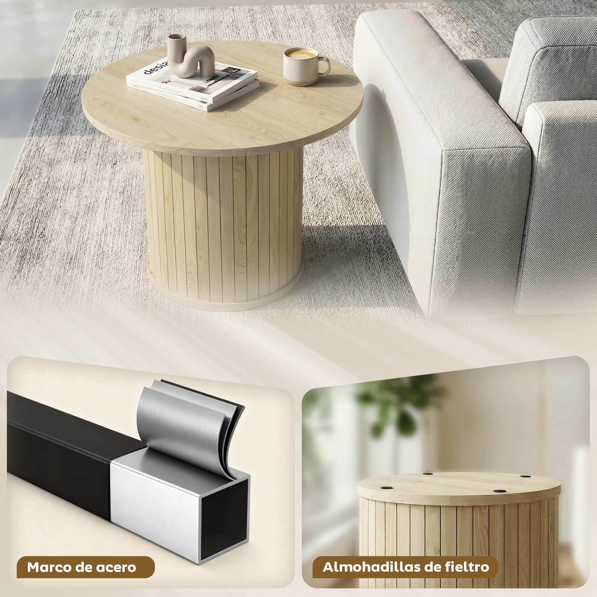 Mesa de Centro, Mesa baja para Salón Redonda con Base de Columna con Listones, para Sala de Estar, Dormitorio, Ø60x40 cm, Natural