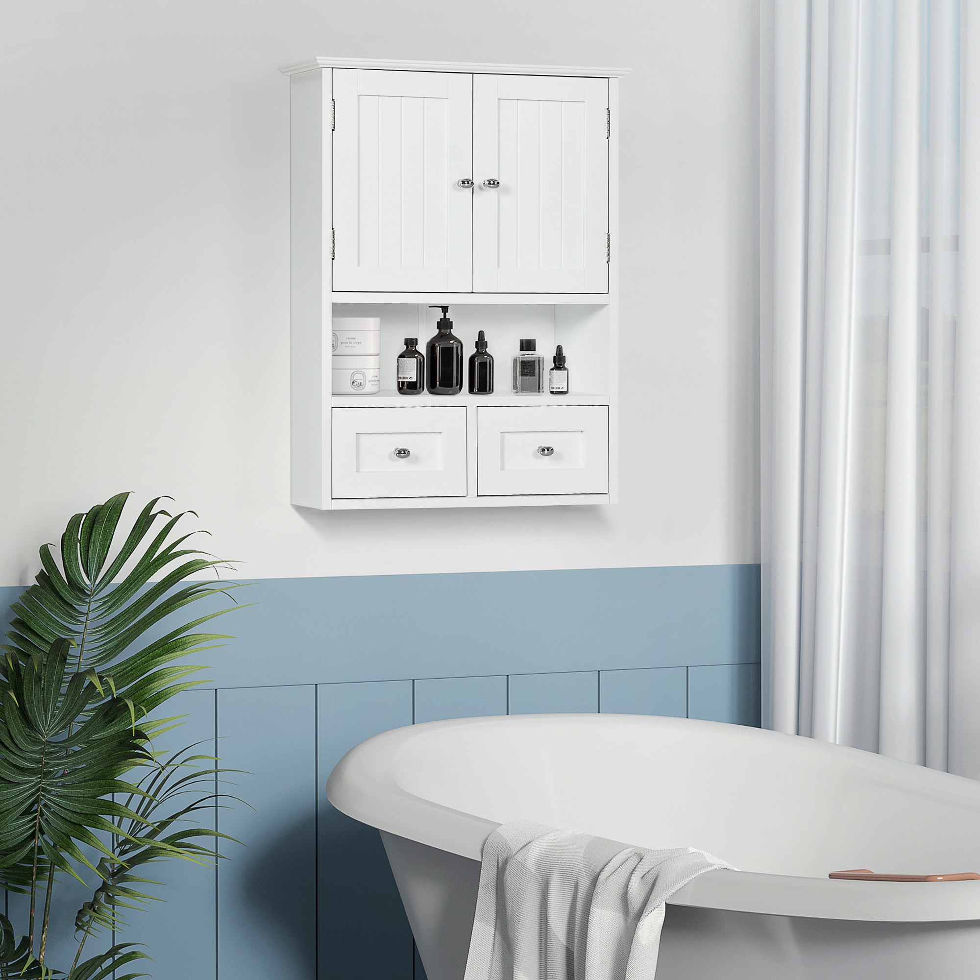 Armario de Pared para Baño Armario Colgante Mueble Suspendido de Baño con 2 Puertas y 2 Cajones para Cocina Estilo Moderno 50,8x17,8x66 cm Blanco