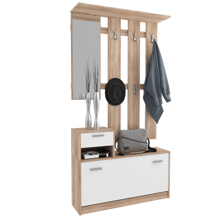 Mobile Belem Mobiletto da Ingresso con Scarpiera Appendiabiti e Specchio Arredo Arredamento Corridoio Entratina 97 x 35 x 25 cm (Bianco e Quercia)