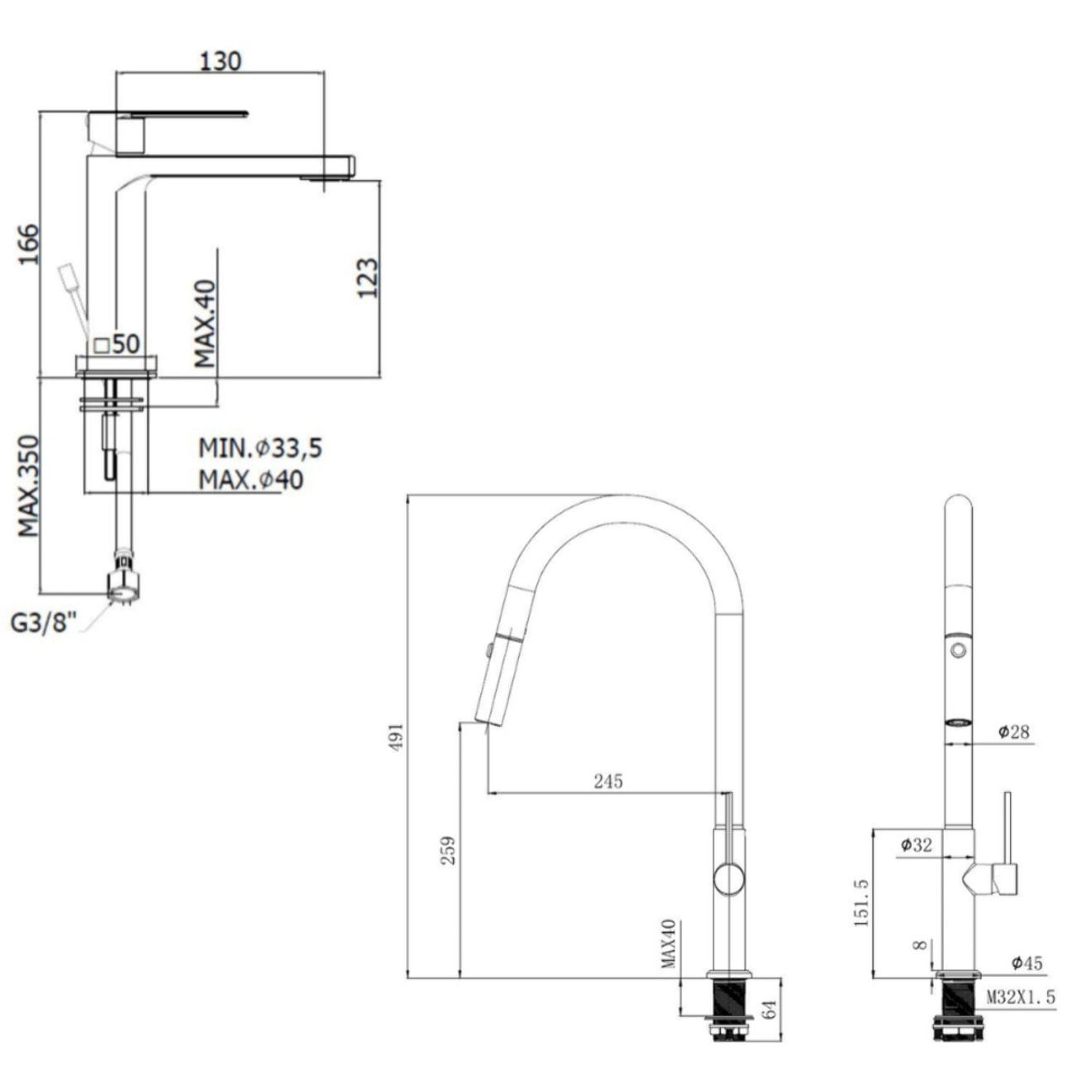 Set mitigeur lavabo + mitigeur monocommande cuisine avec douchette extractible 2 jets, noir mat (SATBSBW288C)