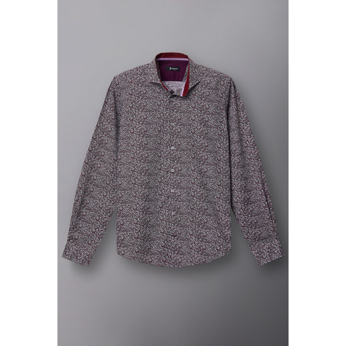 Camicia Uomo 1 Bottone Francese Slim Popeline Stampato Bianco e Bordeaux