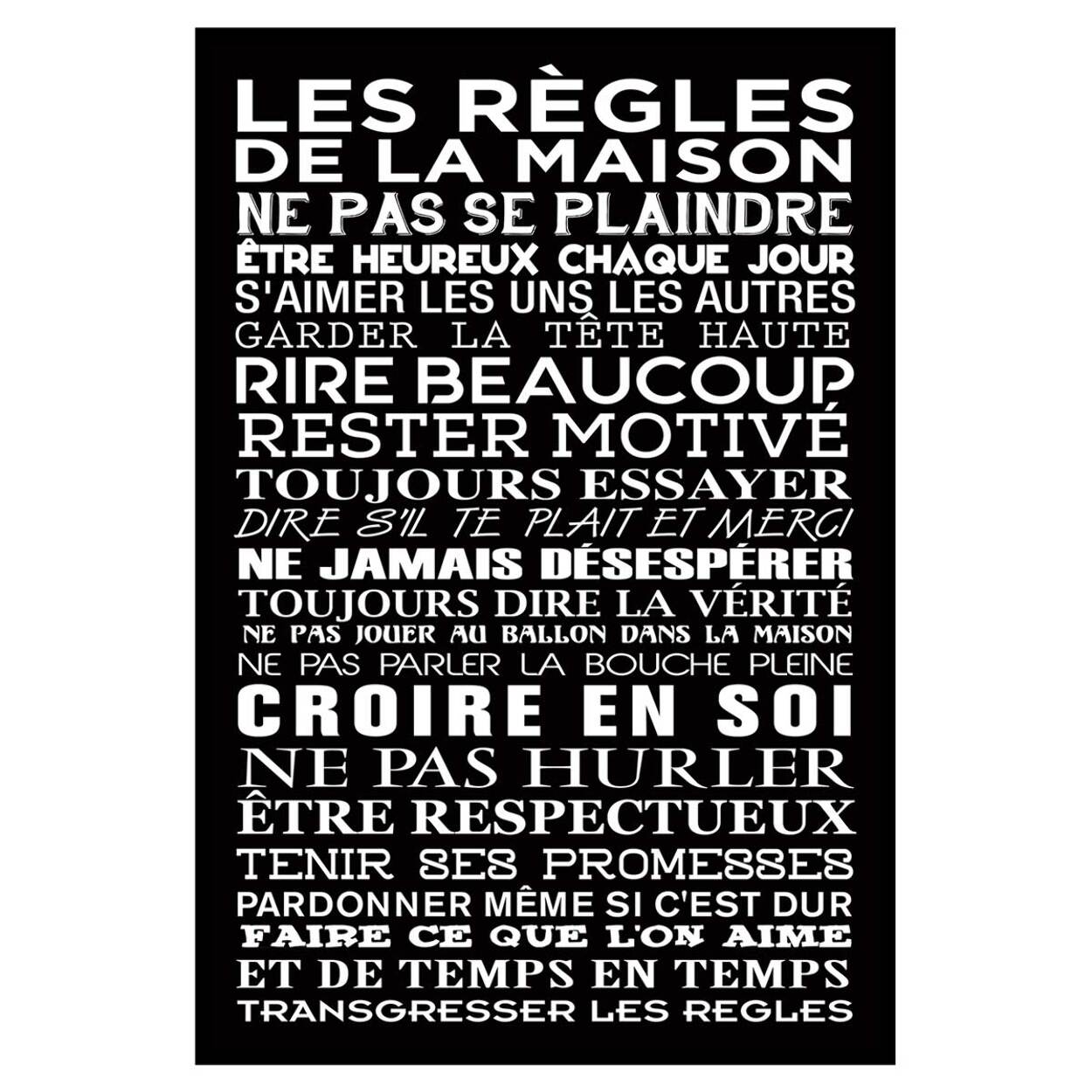 Affiche encadrée Les règles de la maison typographie décorative Affiche + cadre en métal - Noir