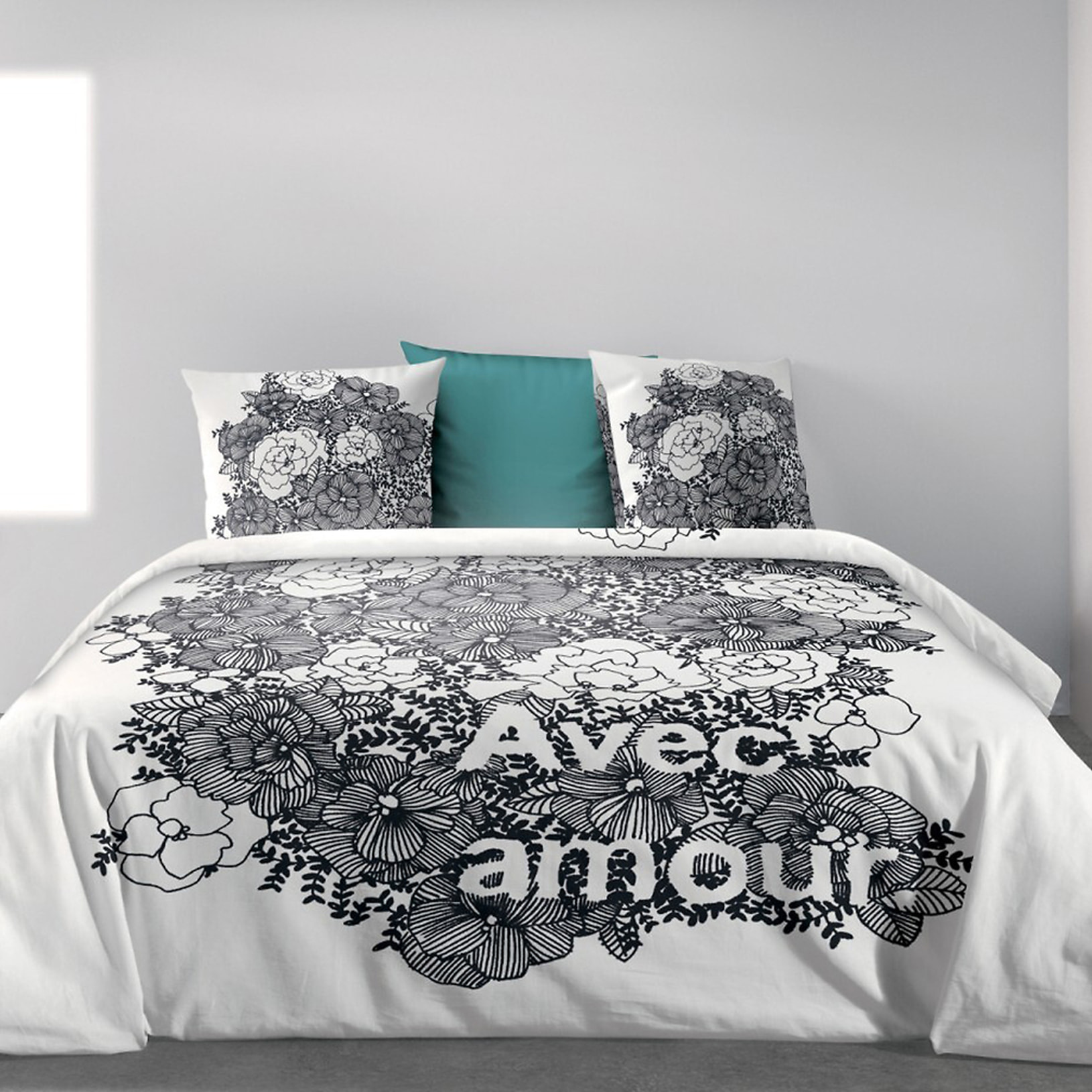Parure De Couette 3pcs avec Taies oreiller 100% Coton Bio 47 Fils/cm2- Avec Amour