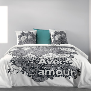 Parure De Couette 3pcs avec Taies oreiller 100% Coton Bio 47 Fils/cm2- Avec Amour