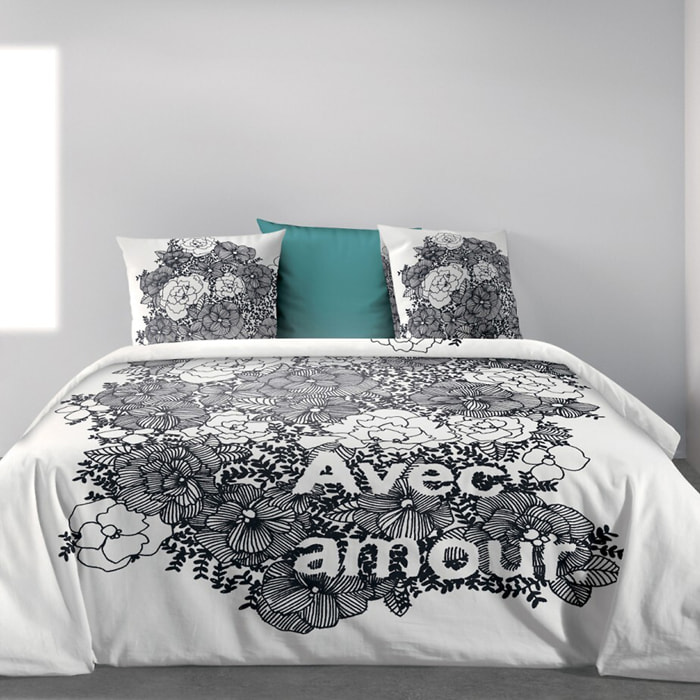 Parure De Couette 3pcs avec Taies oreiller 100% Coton Bio 47 Fils/cm2- Avec Amour