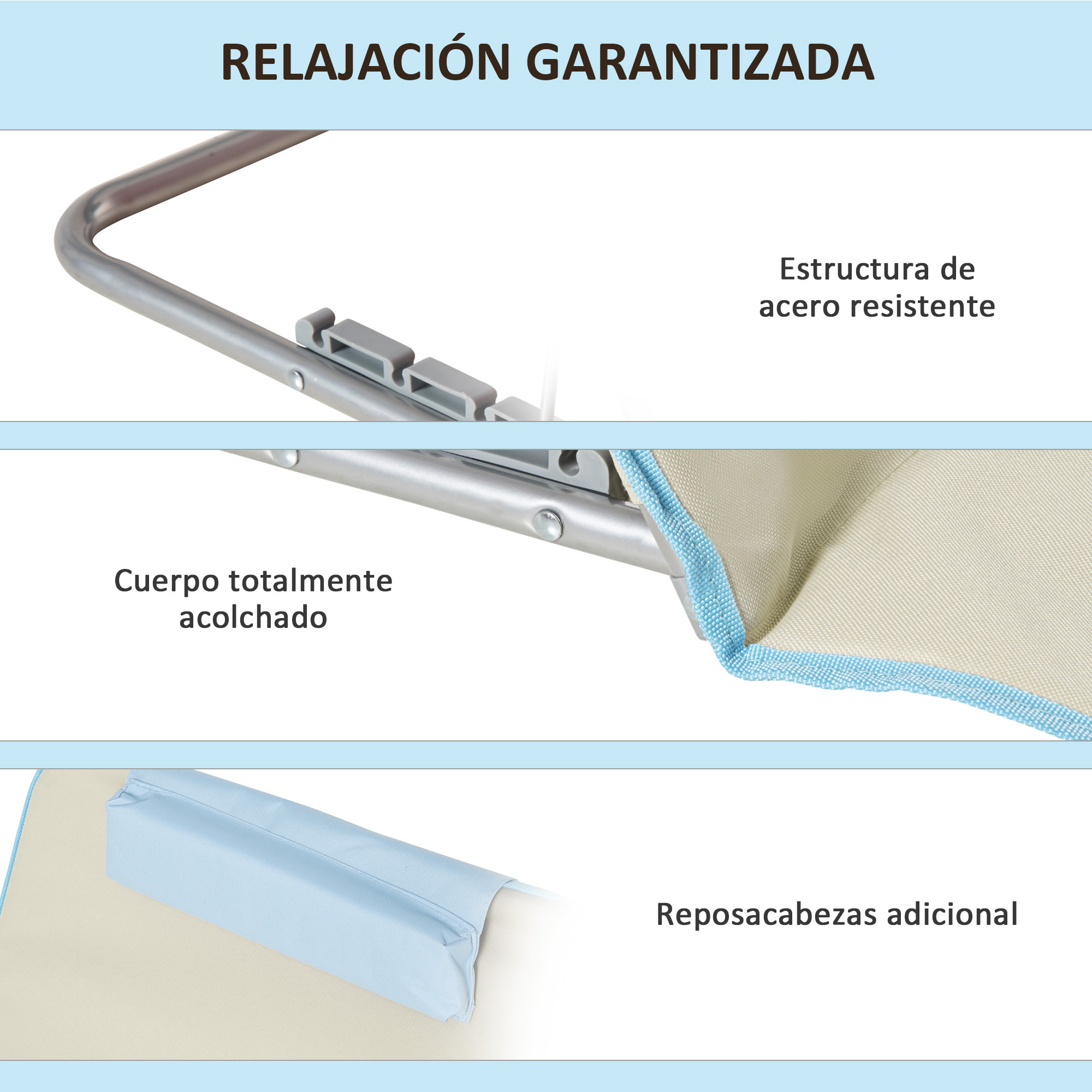 Set de 2 Esterillas de Playa Plegables 124x53x35-45 cm con Respaldo Ajustable 5 Niveles y Reposacabezas Esteras de Playa Portátil Tela Oxford Acero con Bolsa Transporte para Jardín Beige