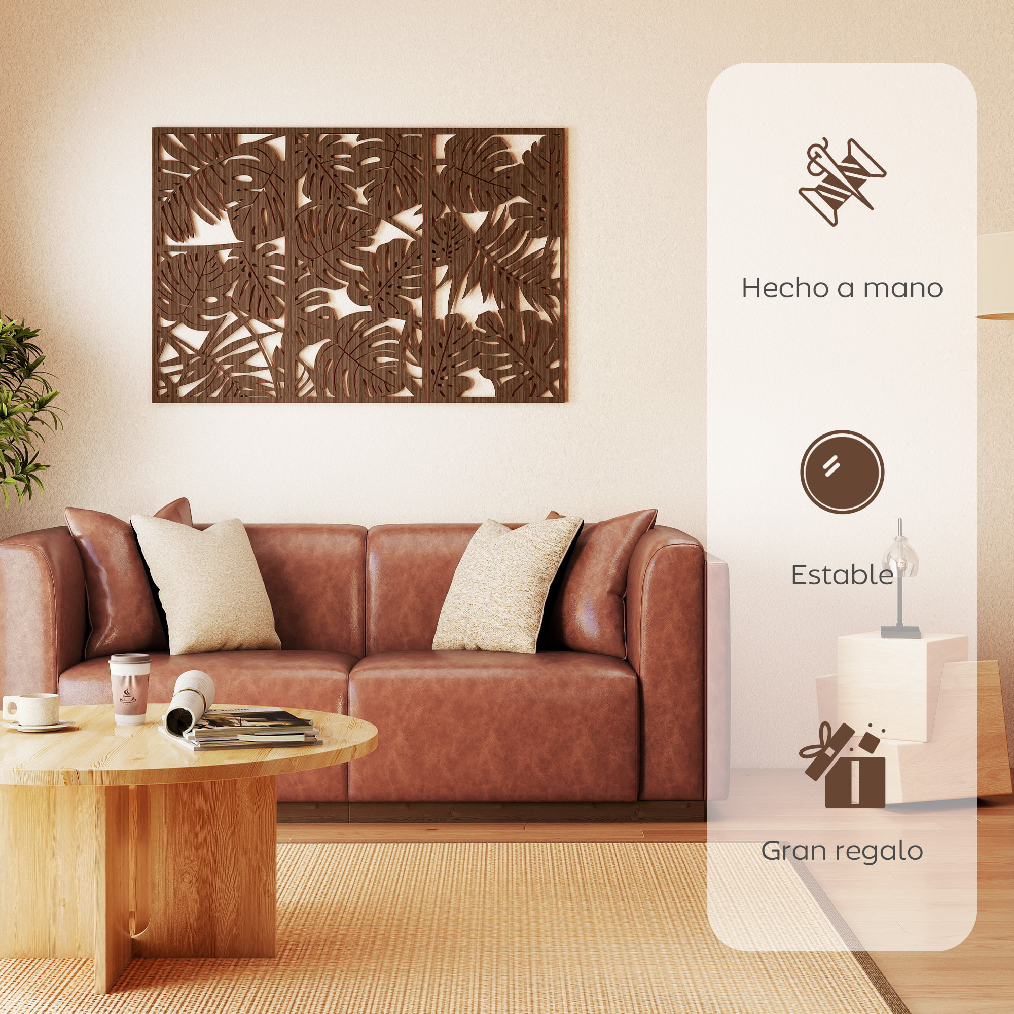 Decoración de Pared de Madera 3D, 3 Piezas, 40x80 cm, Adornos de Pared con Patrón de Hojas Tropicales, Arte Moderno para Salón, Dormitorio, Pasillo, Nogal